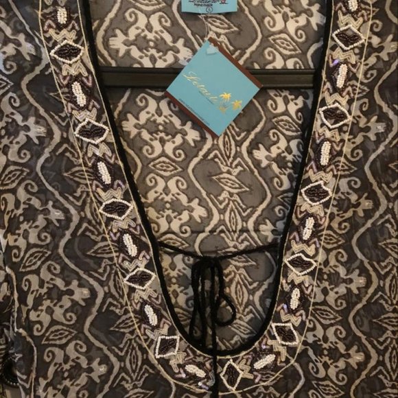 LeTarte Luxe Silk tunic with beads black grey white beachwear - Picture 5 of 7